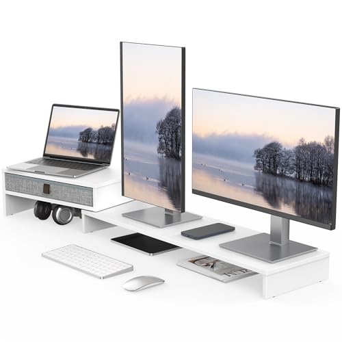 Fenge Computer Monitor Riser Stand with Drawer for 2 or 3 Monitors ,Adjustable Length and Angle Desktop Laptop Stand,Office Organizer,Printer,White - color: White