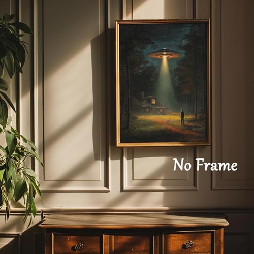Retro Ufo Canvas Wall Art Alien Abduction Poster Ufo Landscape Painting Alien Prints Vintage Ufo Artwork Moody Forest Wall Painting Trippy Spaceship Picture Gothic Landscape Print 16x24inch No Frame - color: A1Unframed