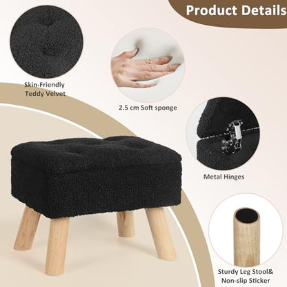 OGEMXU Storage Ottoman, Small Foot Stool Ottoman with Storage, Boucle Teddy Velvet Foot Rest with Padded Seat, Sturdy Wood Legs Stool for Living Room, Bedroom, Couch, Enterway (Black) - color: Black