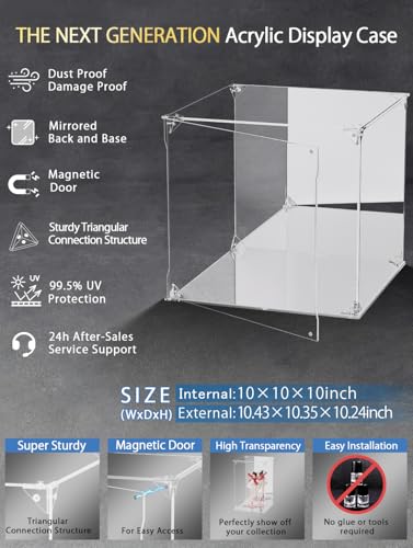 Clear Acrylic Display Case with Mirrored Back and Base, UV Protected Acrylic Box with Magnetic Door, Dustproof Display Box Showcase for Collectibles, Figures, Models, Toys (10x10x10inch) - size: 10x10x10 inch