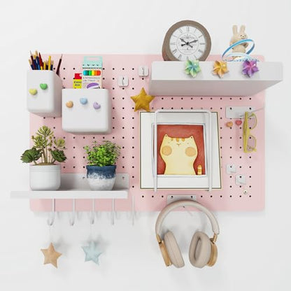 Metal Pegboard Kit — Carbon Steel Pegboards with 26 Accessories, Pegboard Wall Organizer for Home, Office, Study Room, Kitchen, Craft Room & Gaming Setup— 24″ × 16″ Pink Peg Board - color: Pink
