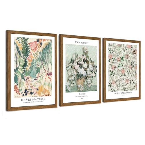 InspiredHues Matisse Van Gogh Morris Canvas Wall Art Set of 3, Sage Green Beige Neutral Flower Wall Decor, Vintage Botanical Art Prints for Living Room Bedroom Office Home Decoration 12x16 Wood Framed - color: Matisse, size: 16"L x 12"W