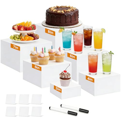 6 Pcs Acrylic Buffet Risers, 3x4x5x6x7x8 Inch Food Risers for Buffet Table, Catering Dessert Cake Holder for Party, Collectibles Jewelry Display Shelf, Stackable Cube Boxes Display with Hollow Bottoms