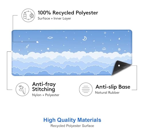 IMAYONDIA Cute Pastel Blue Desk Mat, Aesthetic Stars Moon Desk Pad, Kawaii Anime Deskmat, Gradient White Clouds Computer Pad, Minimalist Large Gaming Mouse Pad Mousepad, 31.5 X 11.8 Inch - color: Blue Gradient Clouds