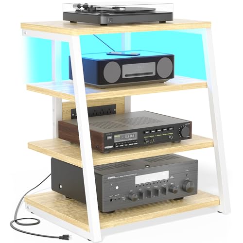 Besiost AV Media Stand with Outlets, Media Console with LED Lights, Stereo Racks and Stands with Storage Shelves, Media Audio Tower Cabinet, Natural Oak and White - color: Natural Oak and White