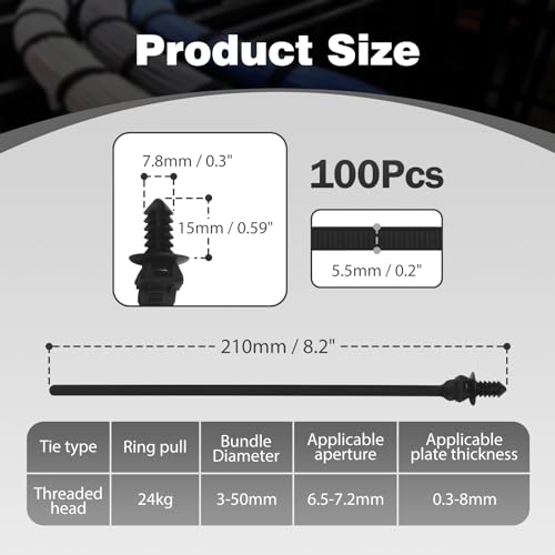 100PCS Push Mount Cable Zip Tie 8.3 x 0.2 inch Self Locking Cable Strap Push Mount Cable Ties Nylon Car Mount Wire Tie Car Fastener Cable Clips Wraps for Indoor Wire Tying - size: 100 Pcs