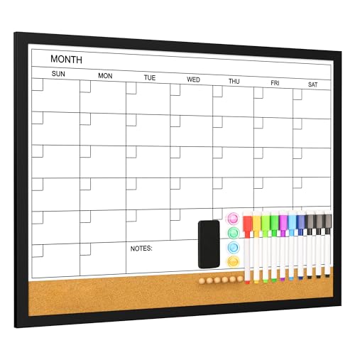 Dry Erase Calendar Cork Board Combo, 24 x 18 Inches Monthly Calendar Whiteboard for Wall, Magnetic White Board with Wood Framed, Hanging Dry Erase Board for Kitchen Home Office School Planner - size: 24"W x 18"H, style: Wooden Frame