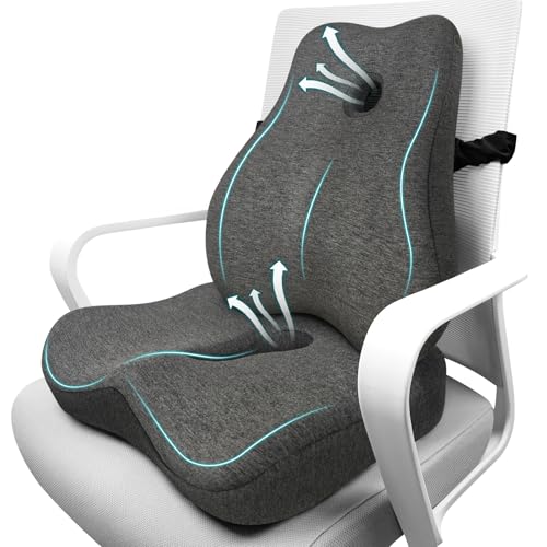 Seat Cushion & Lumbar Support Pillow Set for Office Chair, Ergonomic Pillow for Sciatica Pain Relief, Memory Foam Back Support Pillow & Chair Cushion for Car seat, Desk Chair (Grey) - color: Grey