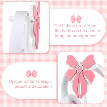 Kingdder Pink Bow Headphone Stand Cute Wood Headphone Stand Adorable Headset Holder Accessories Gamer Gifts for Teenage Women Teacher Girlfriend Office Worker Wife Gamer Room Decor Office Desk - style: Pink Bow