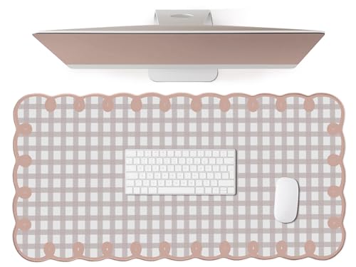 Cute Pink Scalloped Desk Mat Kawaii Pastel Retro Checkered Large Mouse Pad Boho Aesthetic Vintage Stitched Nonslip Pad Office Girl Women Desk Decor Computer Keyboard & Mouse 31 * 15.7in - color: A1- Pink Gray