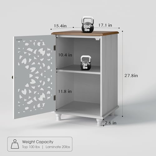 Jiansu furni Boho Small Buffet Cabinet with Hand-Carved Mandala Door, 17" Coffee Bar Station with Adjustable Shelf, Distressed White Accent Storage Cabinet for Small Spaces, Kitchen, Dining Room - color: White & Walnut_1 Door