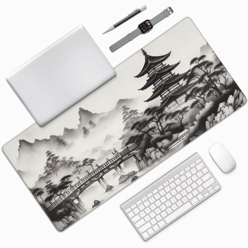 Extra Large Mouse Pad, Chinese Ink Wash Painting Design, 35.4x15.7 Inches, Gaming Keyboard Pad with Stitched Edges and Anti-Slip Rubber Base - color: tower
