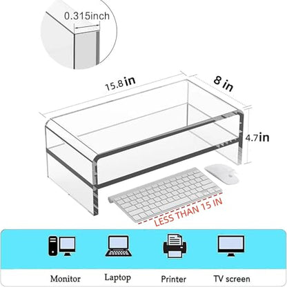 Acrylic Monitor Stand, 2 Tier Riser with Storage Shelf, Clear, 16/20 Inch, Home Office Desk Organizer (16in) - size: 16in