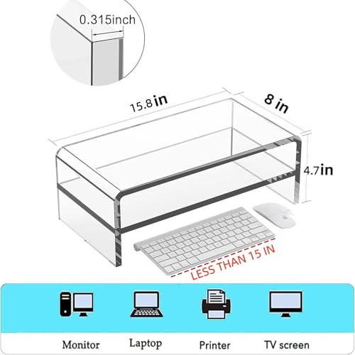 Acrylic Monitor Stand, 2 Tier Riser with Storage Shelf, Clear, 16/20 Inch, Home Office Desk Organizer (16in) - size: 16in