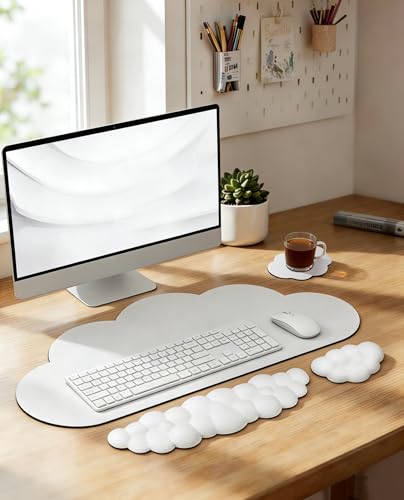 JIKIOU Ergonomic Keyboard Wrist Rest &Large Mouse Pad&Mouse Wrist & Cup Pad | Cute Cloud Shape, 4 in 1 Memory Foam Desk Mat, Ultra-smooth Surface, Savior of Wrist Pain, Anti-slip Rubber Base, Waterproof - color: 02White
