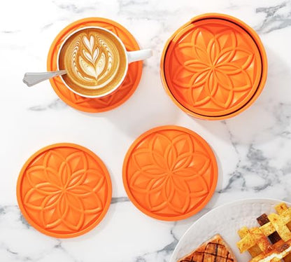 HFHOME Silicone Coasters Set with Holder - 6 Pack Drink Coasters for Coffee Table, Bar Tabletop Protection - Orange - color: Orange
