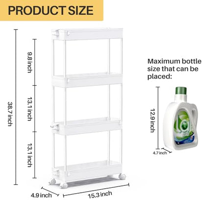 SPACEKEEPER Slim Rolling Storage Cart 4 Tier Bathroom Organizer Mobile Shelving Unit Utility Cart Tower Rack for Kitchen Laundry Narrow Places, White - color: White