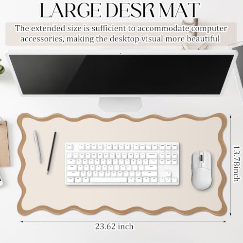 Hahafelt Scalloped Desk Mat Large Desk Pad Cute Coquette Table Mat Back to School Preppy Table Make up Pad Nonslip Graduation Gift with Stitching Waterproof Gaming(Beige,23.6 x 13.8 Inches) - color: Beige, size: 23.6 x 13.8 Inches