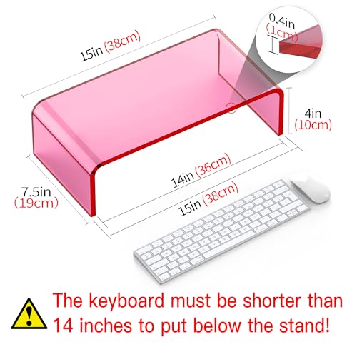 Acrylic Monitor Stand Riser Pink Laptop Stand Riser L15 xW7.5 xH4 | PC Holder,Compatible with All Notebooks and Monitor, Decoration for Office & Home,Pink Aesthetic Design,Office Supplies - size: 15''-Pink