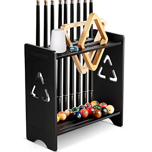 EXTCCT Pool Stick Holder Floor Stand- Billiards Pool Cue Rack Oak Solid Wooden Holds 9 Cues and Pool Table Accessories Organizer with Chalk Cone Holder for Game Room Club or Men Cave - color: Cone Chalk - Black