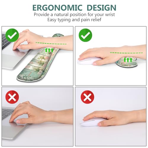 DINKY Large Mouse Pad and Keyboard Wrist Rest Set, Extended Desk Mat Keyboard Wrist Rest, 4in1 Ergonomic Memory Foam Desk Mat Protector Blotter for Home Office-Nice Green Window - color: Nice Green Window