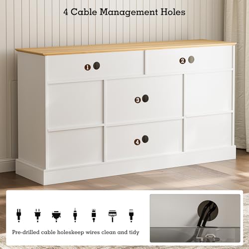 LCRBOL TV Stand for up to 65" TV, Mid-Century Entertainment Center, White | 63"W x 15.4"D x 25"H, 2 fluted cabinets, 1 drawer & open shelves, natural top, top holds 180 lbs, ~90 min assembly - color: White & Natural
