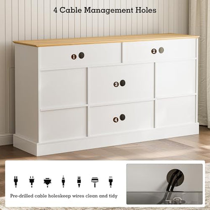 LCRBOL TV Stand for up to 65" TV, Mid-Century Entertainment Center, White | 63"W x 15.4"D x 25"H, 2 fluted cabinets, 1 drawer & open shelves, natural top, top holds 180 lbs, ~90 min assembly - color: White & Natural