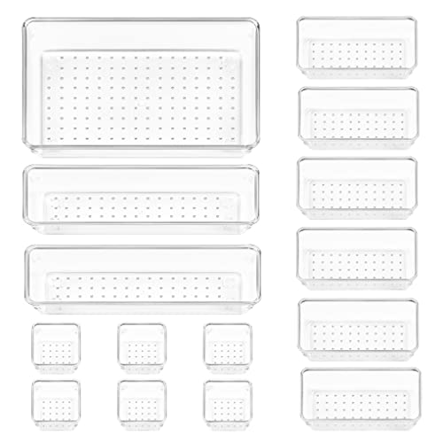 Vtopmart 15 PCS Clear Plastic Drawer Organizers Set, 4-Size Versatile Bathroom and Vanity Organizer Trays, Non-Slip Storage Containers for Makeup, Jewelries, Bedroom，Kitchen Utensils and Office - color: Clear