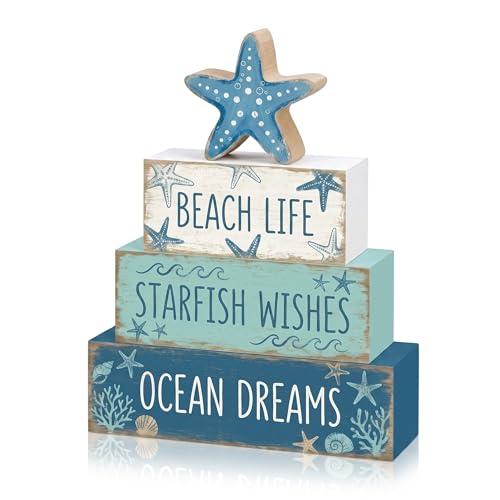 4 Pcs Summer Starfish Bathroom Table Decor Ocean Beach Tiered Tray Decor Blue Coastal Wooden Signs Shelf Sitter Sea Wishes Table Centerpieces for Home Kitchen Office Decorations - style: Starfish