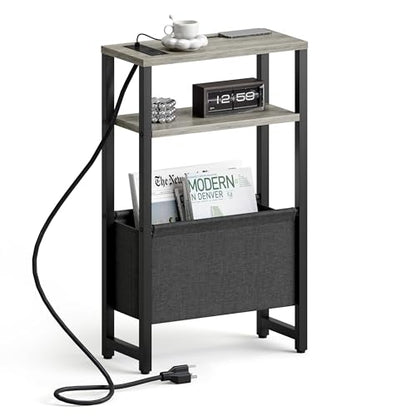 Narrow Side Table with Charging Station Slim End Table Sofa with Magazine Rack, Bedside Table for Small Spaces, 3 Tier Nightstand for Living Room Couch, Bedroom Oak Grey LET503QE - color: Oak Grey, style: With Charging Station