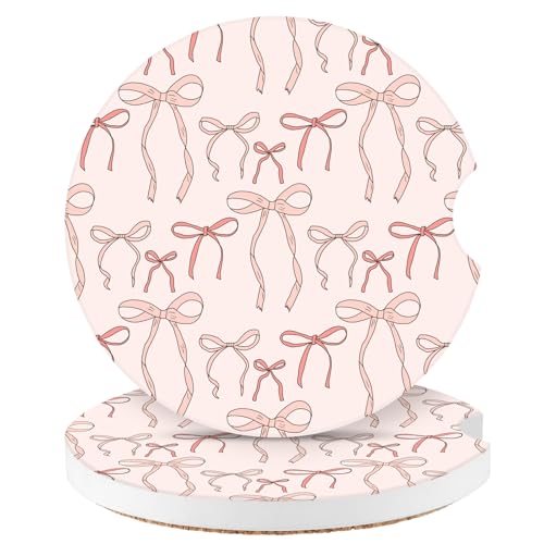 Cute Bowknot Car Coasters,Absorbent 2 Pack for Cup Holders with Finger Notch,2.56 inches Ceramics Heat Resistant Anti Slip Cork Base Car Drinks Coasters Auto Cup Holder - color: Pink Bows1