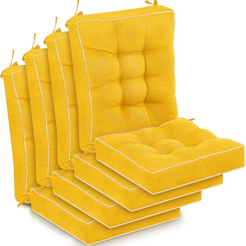 Juexica 4 Sets Outdoor Patio Cushions High Back Outdoor Chair Cushions Rocking Cushion Patio Fastness Chair Pads with Ties for Seasonal Indoor Home Office(Yellow,16 x 16 x 3.5) - color: Yellow, size: 16 x 16 x 3.5