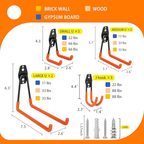 KOFANI Garage Hooks Heavy Duty, 12 Pack Anti-Slip Coating Garage Wall Storage Hooks for Hanging Bike, Ladder, Garden Tools - color: Orange, size: 12 Pack