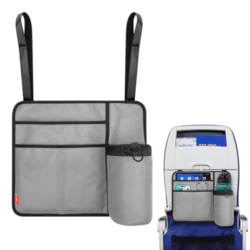 Airplane Seat Back Organizer & Storage, Airplane Tray Table Cover for Personal Items, Airline Seat Hanging Pockets Media Pouch,Reusable Travel Essentials,Fits Tablets,Cell Phone,Water Bottle (Grey) - color: Grey