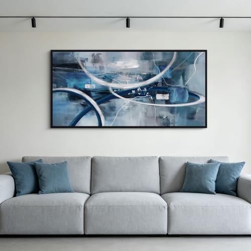 Blue Abstract Wall Art Modern Neutral Fluid Painting with Thin Black Frame | Canvas Minimalist Wall Art Medium Size—Perfect for Living Rooms Bedrooms and Offices Exudes a Sense of Calm Picture - 48x24 - color: Blue and white, size: 24x48 inches