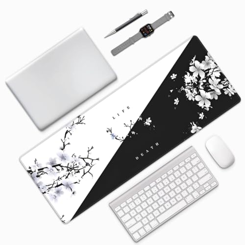 Japanese Life Death Keyboard Mat, Black White Japanese Anime Gaming Mouse Pad for Desk with Anti-Slip Rubber Base and Stitched Edges, Japanese Sakura Pagoda Sun Mouse Pad - color: Life Death