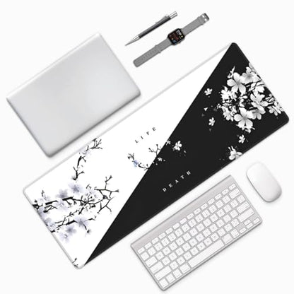 Japanese Life Death Keyboard Mat, Black White Japanese Anime Gaming Mouse Pad for Desk with Anti-Slip Rubber Base and Stitched Edges, Japanese Sakura Pagoda Sun Mouse Pad - color: Life Death