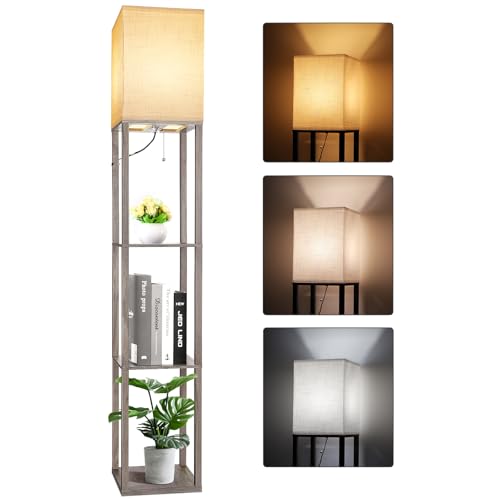 RUNTOP Floor Lamp with Shelves, Shelf Lamp with 3 Color Temperature LED Bulb,Lamps for Living Room, Standing Lamp Modern Tall Standing Light Display Shelf Floor Lamps for Bedroom, Office Home Decor - color: Oak Grey