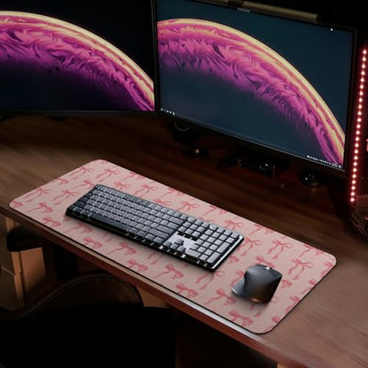 MAY FLOWER Gaming Mouse pad, Large Laptop Mousepad, Full Keyboard Mat, Long Computer Mouse Mat for Home and Office, Anti-Slip Rubber Base, 31.5 x 11.8 Inches (Pink Bow) - color: Pink Bow