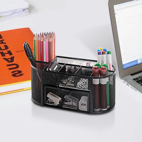 Comix Mesh Pen Pencil Holder Desk Organizer, 8 Compartment and 1 Drawer Wire Desktop Pen Pencil Cup Caddy Office Supplies Accessories for Home Office School, Black - color: 8 Compartments