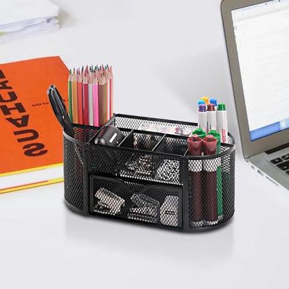 Comix Mesh Pen Pencil Holder Desk Organizer, 8 Compartment and 1 Drawer Wire Desktop Pen Pencil Cup Caddy Office Supplies Accessories for Home Office School, Black - color: 8 Compartments