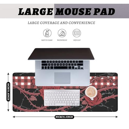 Gothic Rose Gaming Mouse Pad Dark Romantic Large Desk Mat Extended Large Laptop Keyboard Non-Slip Rubber Base with Stitched Edges for Home Office Computer Keyboard Laptop 31.5"x11.8" - color: Gothic Rose