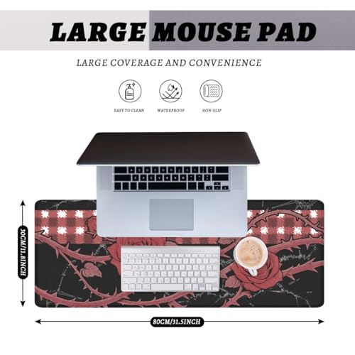 Gothic Rose Gaming Mouse Pad Dark Romantic Large Desk Mat Extended Large Laptop Keyboard Non-Slip Rubber Base with Stitched Edges for Home Office Computer Keyboard Laptop 31.5"x11.8" - color: Gothic Rose