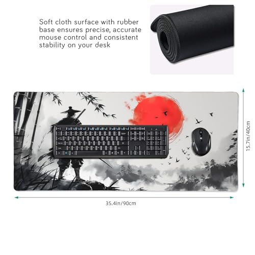 Extra Large Gaming Mouse Pad, Samurai and Bamboo Forest Japanese Style, Non-Slip Rubber Base, Stitched Edges, 35.4 x 15.7 Inches - color: Samurai & Red Sun