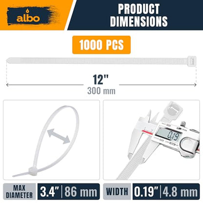 ALBO Zip Ties White 12 Inch 1000 Pack 50 lb, Long Plastic Cable Ties Thick 0.19 Inch Tie Wraps Heavy Duty UV Resistant Nylon Wire Ties for Indoor and Outdoor - size: 12" White 1000 Pack 50lb