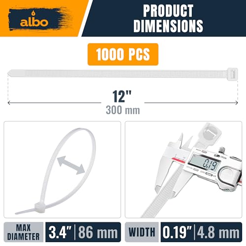 ALBO Zip Ties White 12 Inch 1000 Pack 50 lb, Long Plastic Cable Ties Thick 0.19 Inch Tie Wraps Heavy Duty UV Resistant Nylon Wire Ties for Indoor and Outdoor - size: 12" White 1000 Pack 50lb