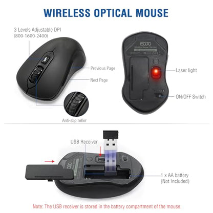 Wireless Keyboard and Mouse Combo, EDJO 2.4G Full-Sized Ergonomic Computer Keyboard with Wrist Rest and 3 Level DPI Adjustable Wireless Mouse for Windows, Mac OS Desktop/Laptop/PC - color: Black