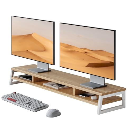 Fenge Dual Monitor Stand for Desk, 42.5in Large Monitor Riser for 2 Monitors, 2 Tier Computer Office Desk Top Shelf, Desktop Storage Stand for Laptop, PC, Computer, Printer - color: Dark Oak