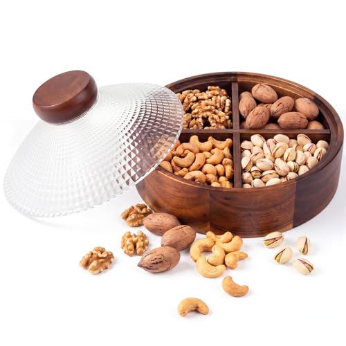 Blushtier Acacia Wood Snack Box with Glass Lid 8" Removable 4 Compartment Serving Tray Candy Nut Organizer Chip Dip Platter for Party Fruit Coffee Table Home Decoration Storage Box