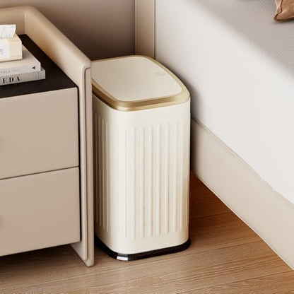 TIPGO Bathroom Trash Can with Lid, 2.1 Gallon / 8 Liter Small Garbage Can, Press Top Bin, Stainless Steel Wastebasket with Pop-Up Lid for Bedroom, Living Room, Office (Cream) - color: Cream